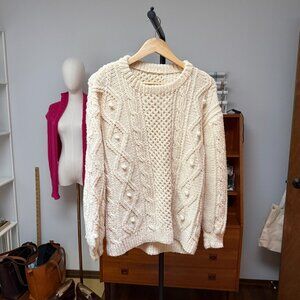 Vintage Cream Fisherman Cable Knit Crew Neck Sweater Large